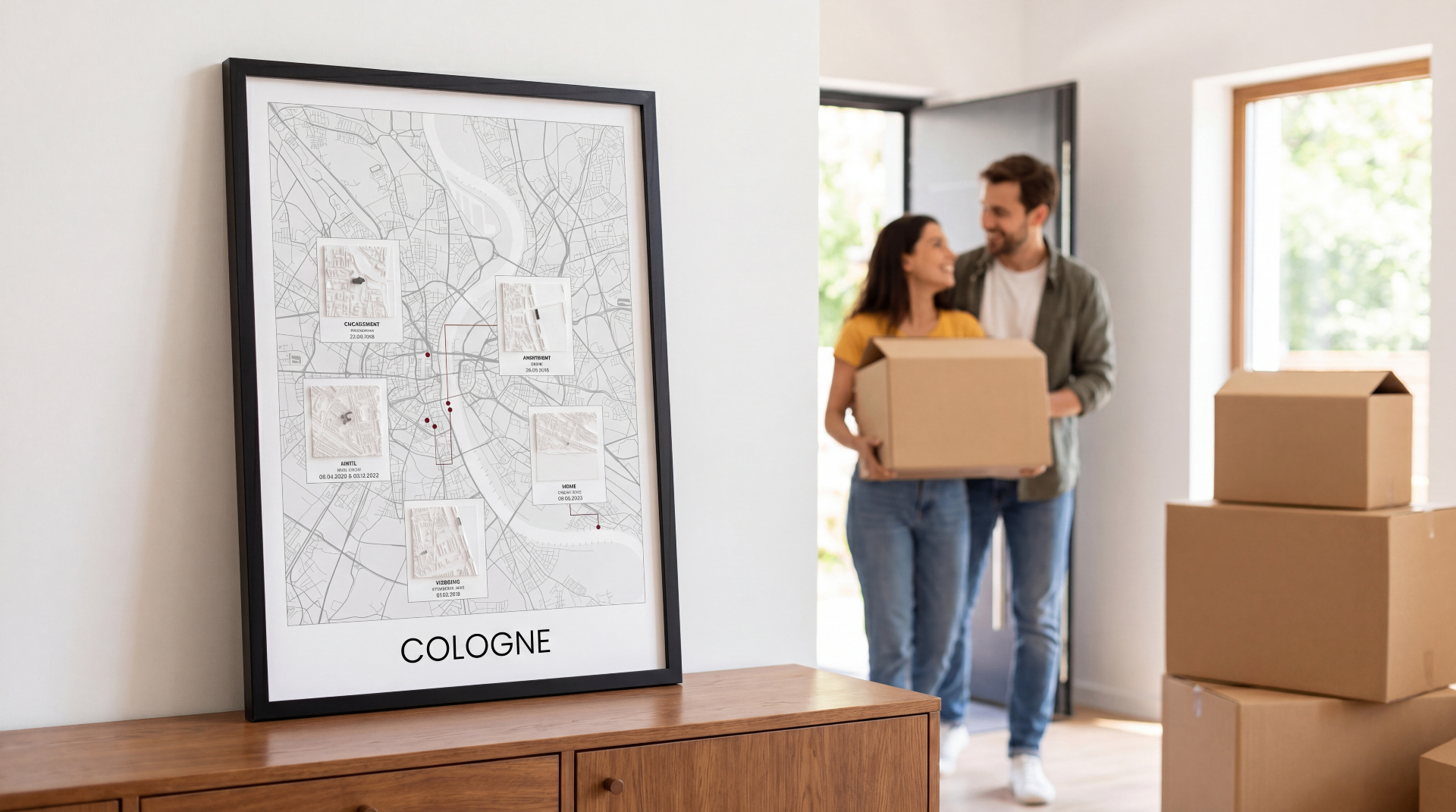 Junges Paar zieht in neue Wohnung mit personalisiertem Mini Memory ihres neuen Viertels