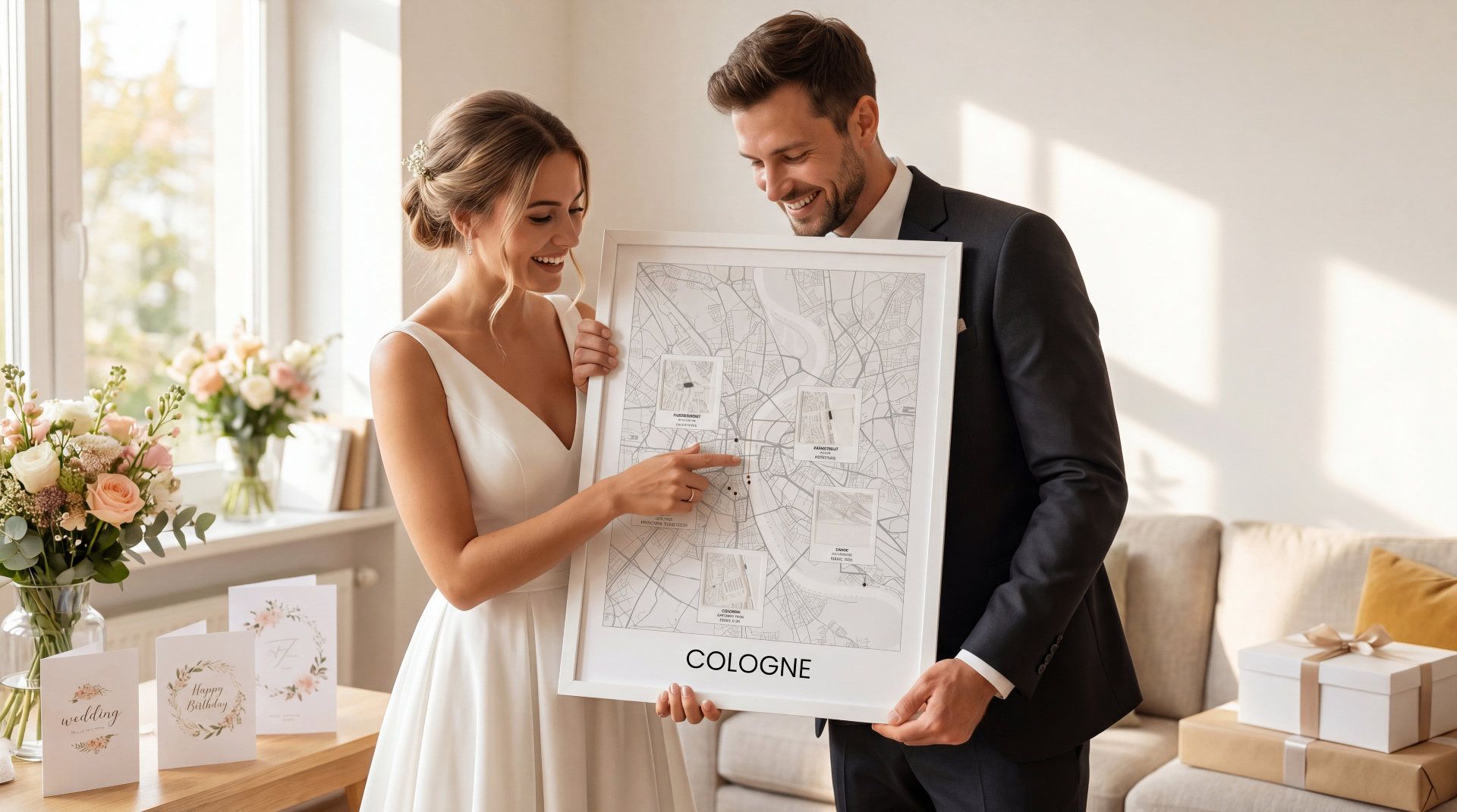 Brautpaar betrachtet personalisiertes Mini Memory mit Hochzeitsorten in Köln